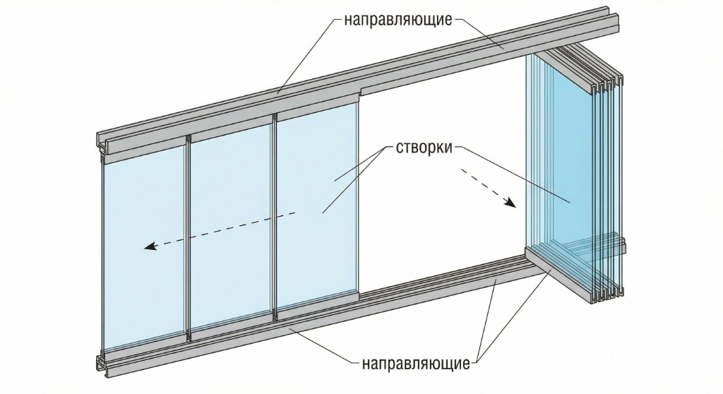 Схема системы 7T: направляющие и створки в разложенном и сложенном положении